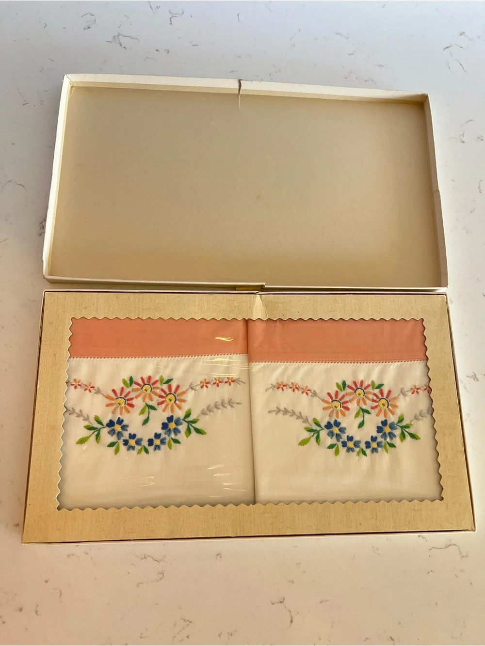 Vintage Embroidered Floral Pillowcases Pair New in Box Peach Cuff Standard